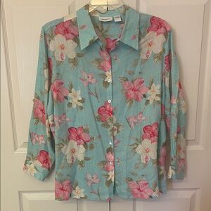 Parisian Works 2pc Woman’s Linen Floral ButtonDown Shirt Pink White Teal Size 2X